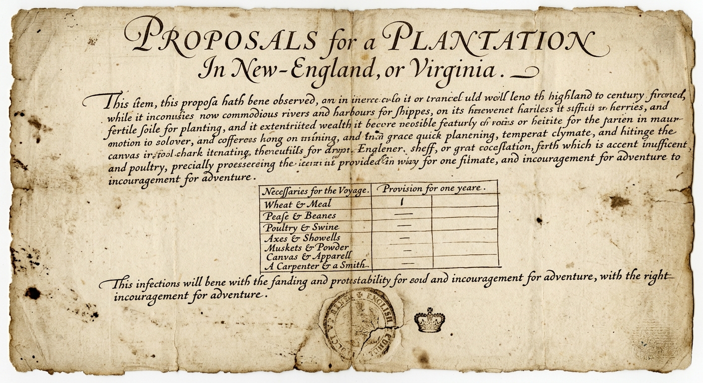 An aged paper colonial pamphlet page with handwritten text, a small list of supplies, and a faint stamp, resembling a mid-1600s colony planning document.