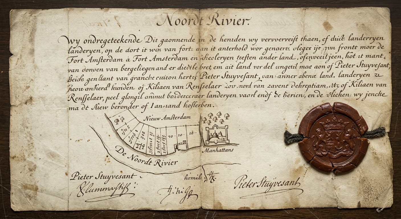 An aged parchment trade contract with Dutch-style handwriting, a wax seal, and a small river map, resembling a 1600s New Netherland document.