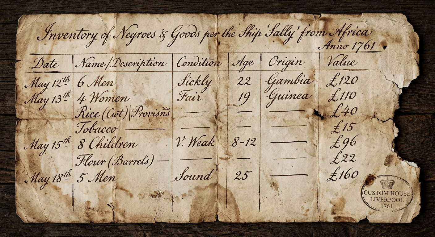 An aged ledger page with ink-written columns and entries, resembling an 18th-century plantation or shipping record.