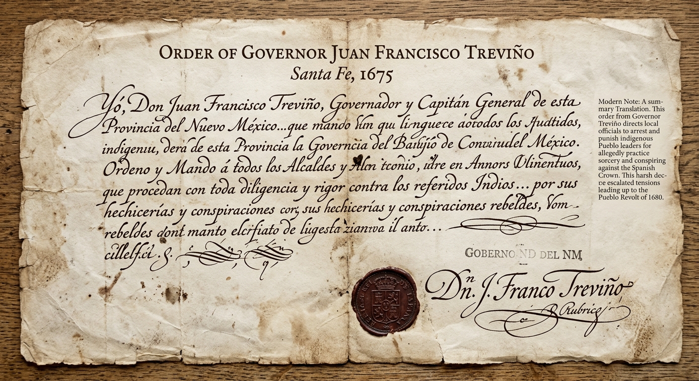 Facsimile of a 1675 Spanish colonial order from Santa Fe with handwritten text, a signature, and a wax seal.