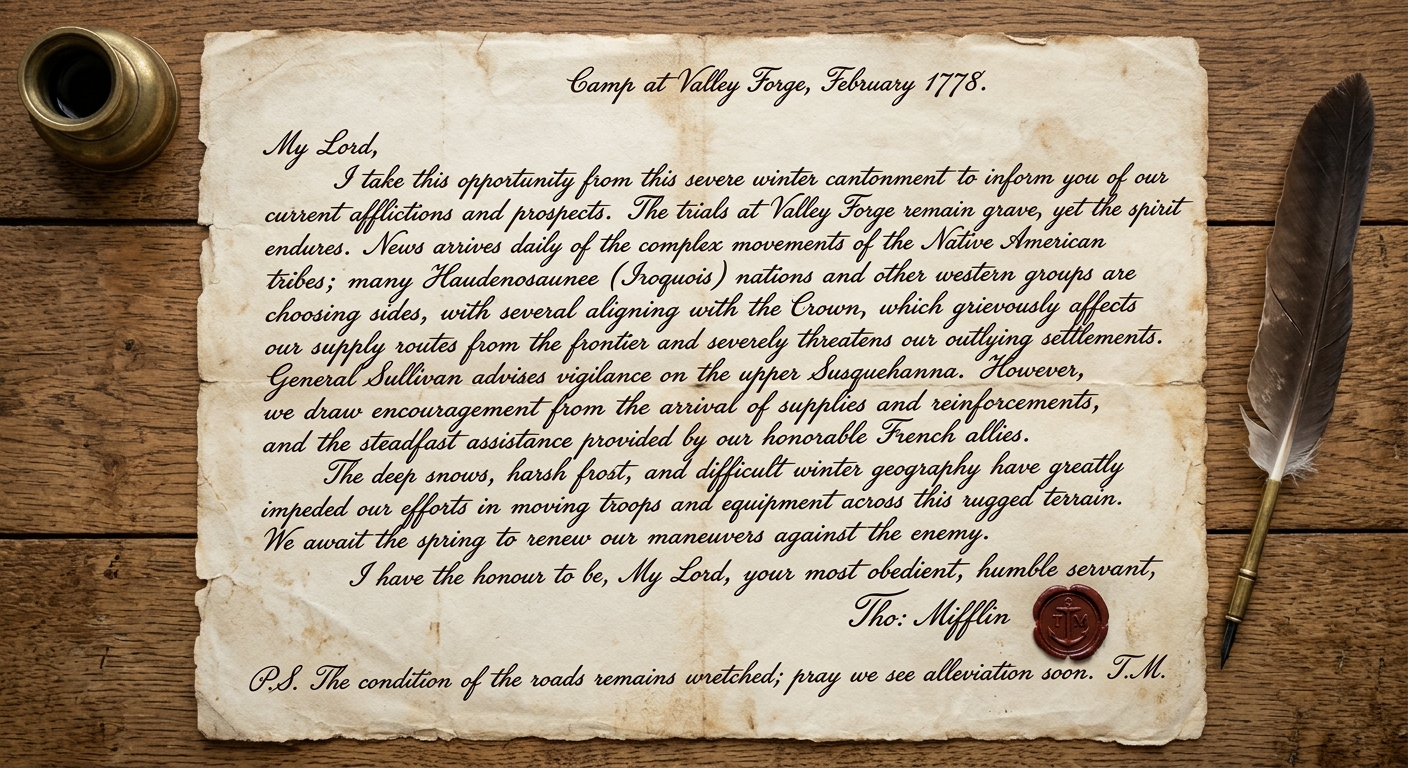 Facsimile of a 1778 wartime letter mentioning Haudenosaunee involvement, French aid, and winter travel challenges.