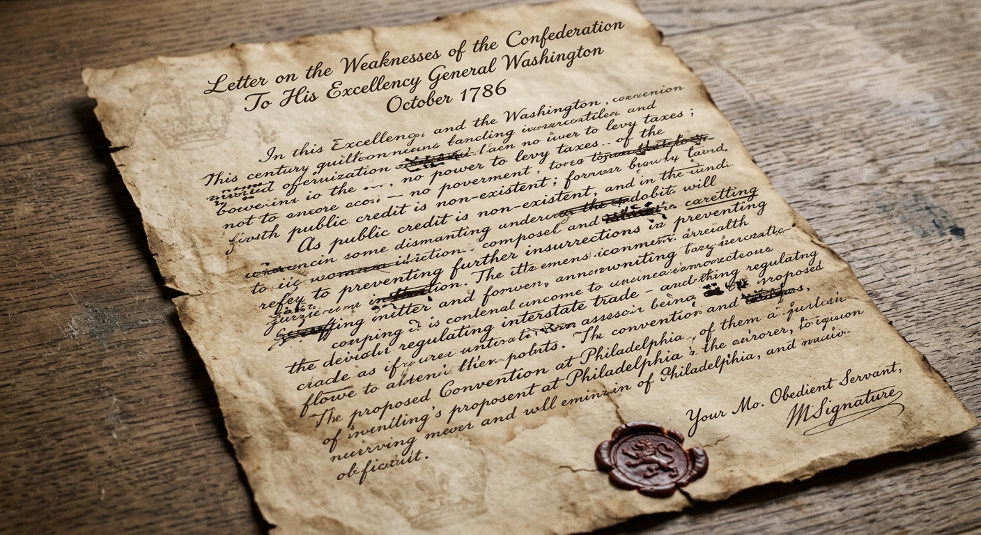Aged parchment letter dated October 1786 with cursive handwriting mentioning no power to levy taxes, public credit, and a convention.