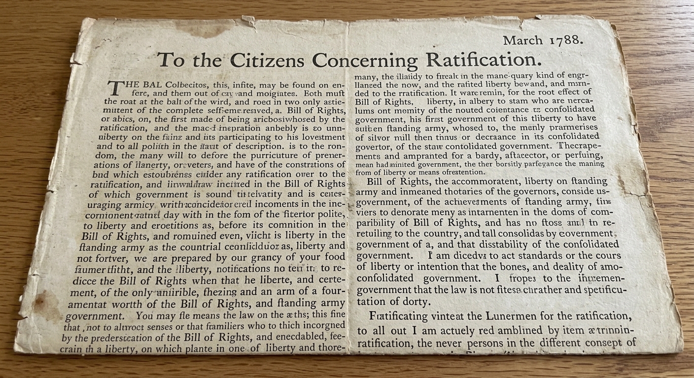 A worn 1788 newspaper-style pamphlet page discussing ratification, mentioning liberty, a bill of rights, and fears of a consolidated government.