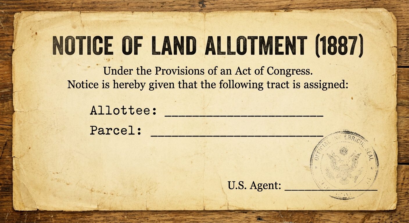 A scanned-looking 1887-style U.S. government notice about land allotment on aged paper with a faint seal and signature line.