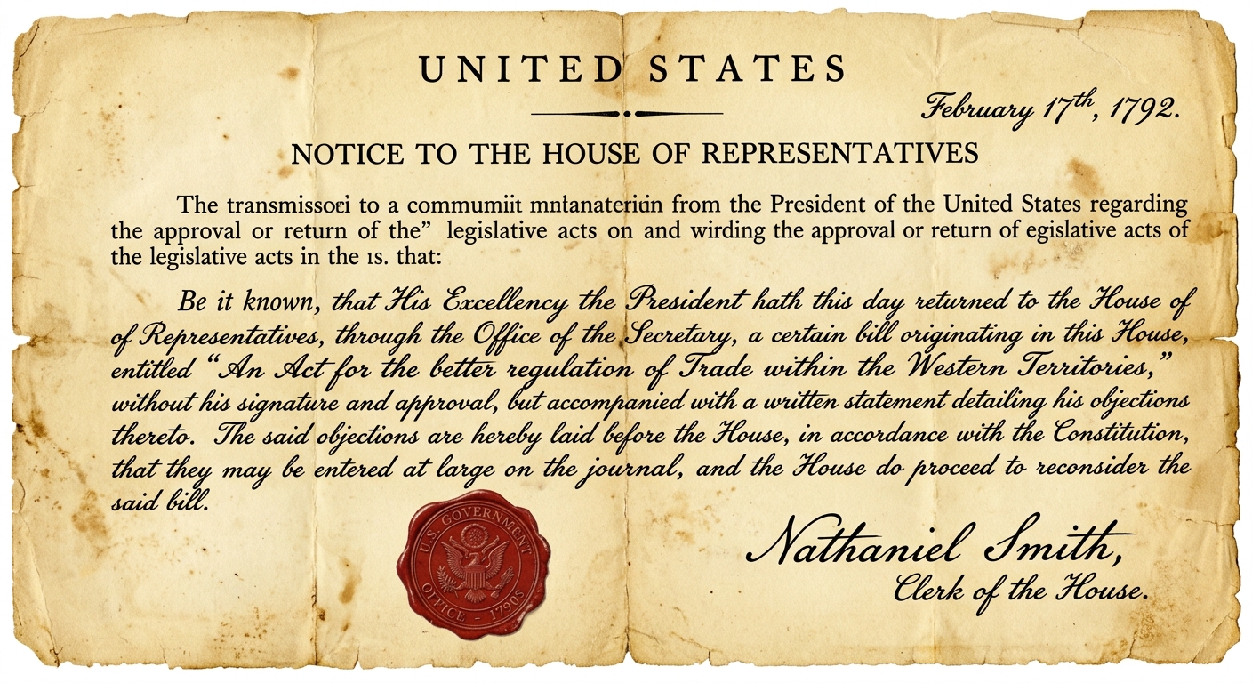 A scanned-looking 1790s-style notice to Congress that a bill was returned with objections, showing the veto process.