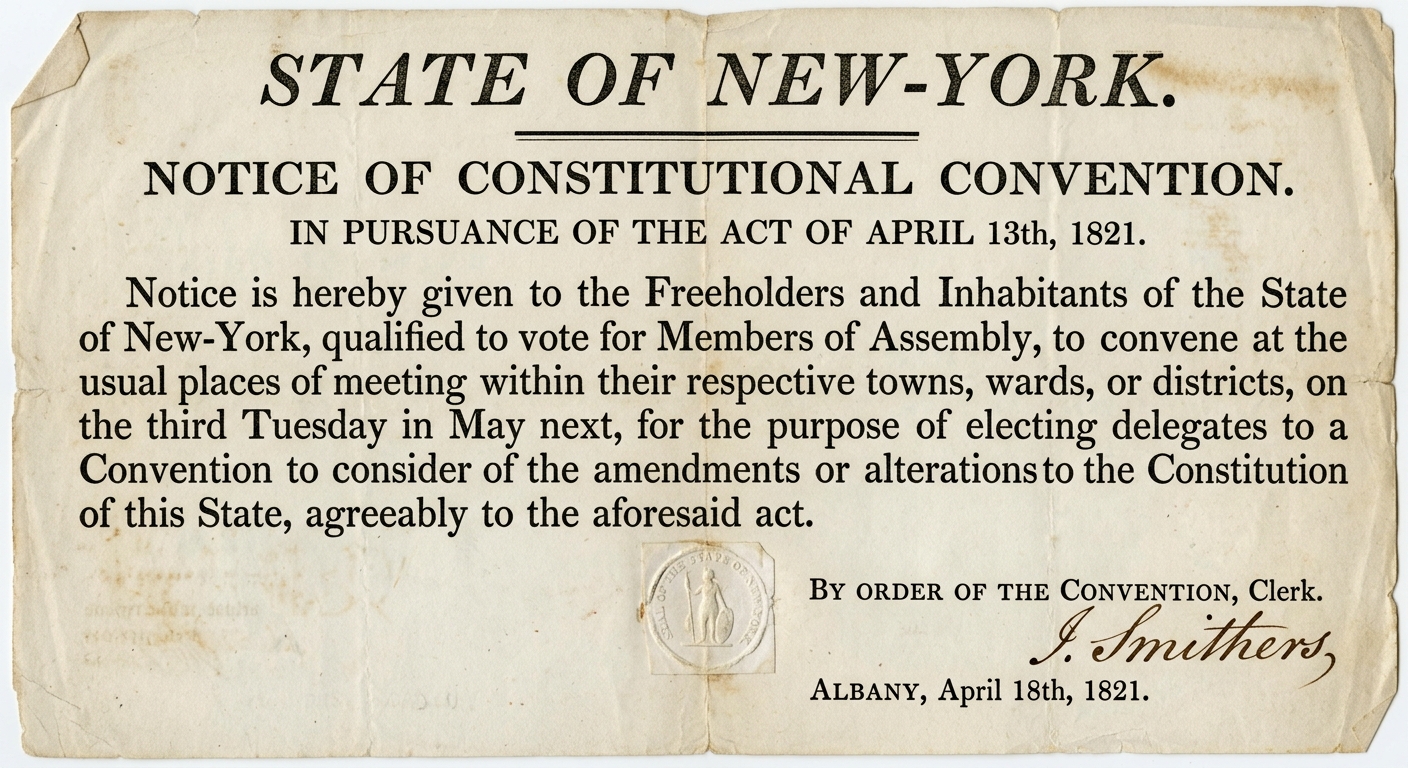 A scanned-looking 1821-style New York State notice about an election related to constitutional changes, with a seal and signature.