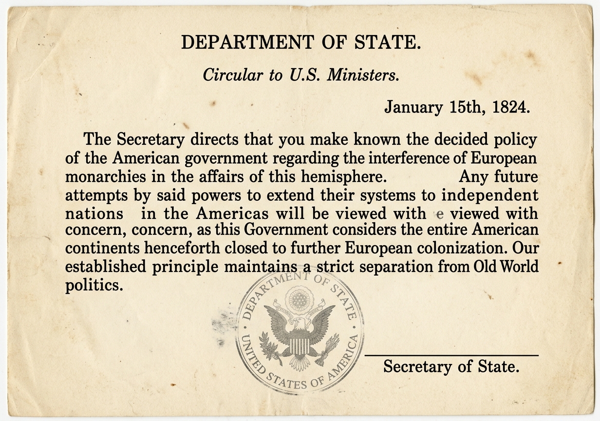 A scanned-looking 1823-era U.S. State Department circular warning European powers not to interfere in the Western Hemisphere.