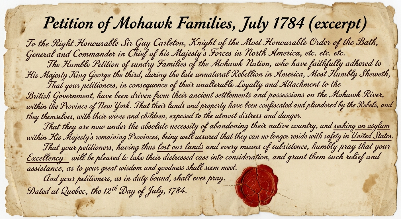 Handwritten petition excerpt dated July 1784 from Mohawk families loyal to Britain describing loss of land and being forced to relocate after the American Revolution, with a wax seal.