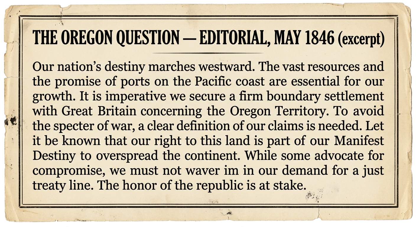 Printed 1846 newspaper-style editorial excerpt about the Oregon boundary, Manifest Destiny, and reaching a compromise with Great Britain to avoid war.