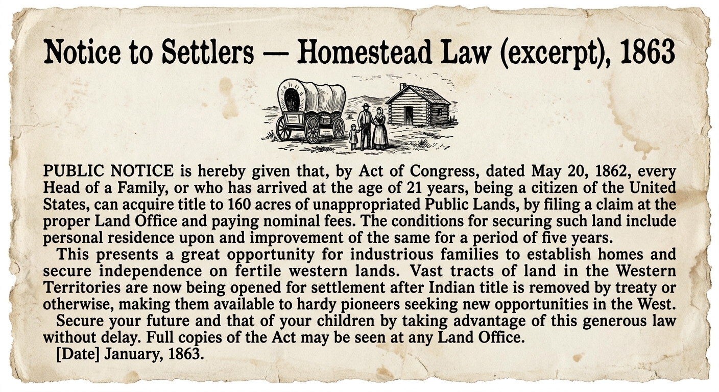 Printed 1863 homestead broadside excerpt promoting 160-acre land claims and noting land opened for settlement after Indian title is removed.