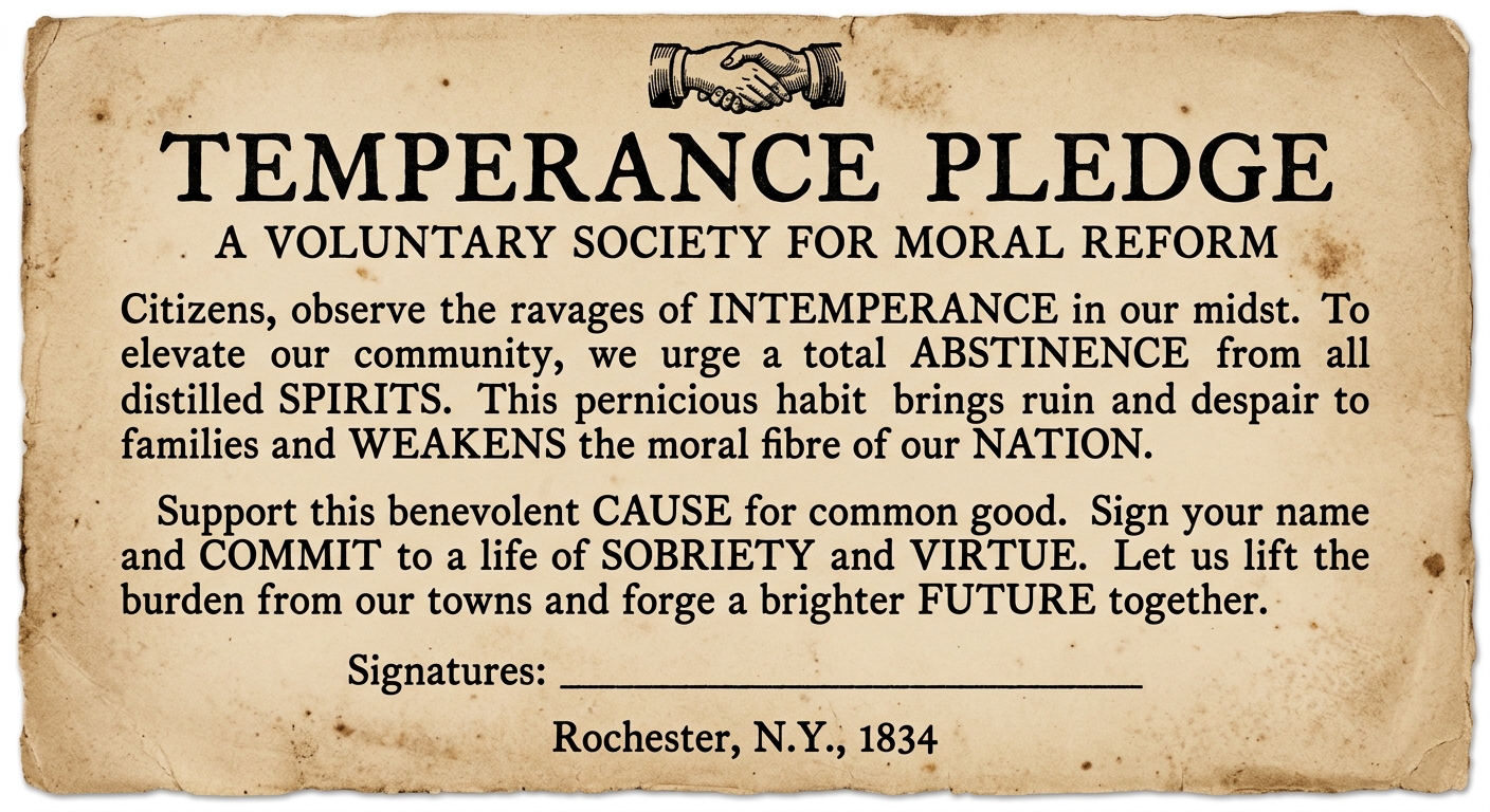 Sepia-toned 1830s-style broadside titled “Temperance Pledge,” with letterpress text, a small emblem, and signature lines dated “Rochester, N.Y., 1834.”