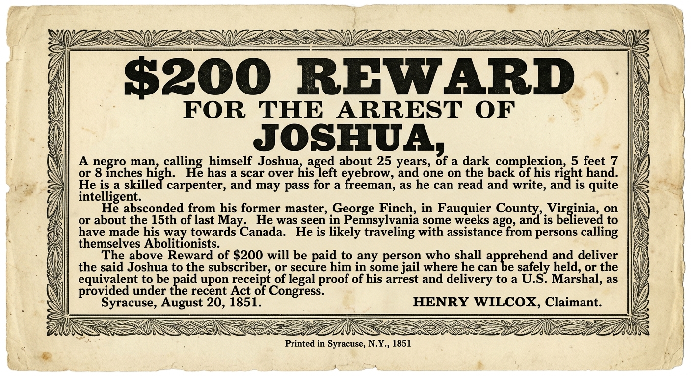 Black-and-white 1851-style “$200 REWARD” handbill offering a reward for the capture of an enslaved person, with letterpress text and a printer line reading “Syracuse, N.Y., 1851.”