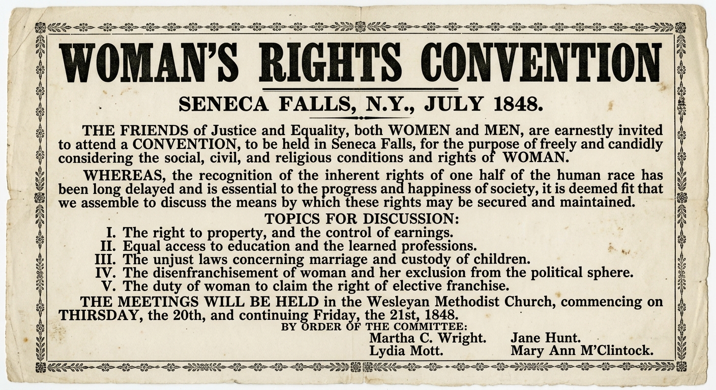 1848-style broadside titled “Woman’s Rights Convention,” dated “Seneca Falls, N.Y., July 1848,” inviting the public to discuss women’s property rights, education, and political equality.