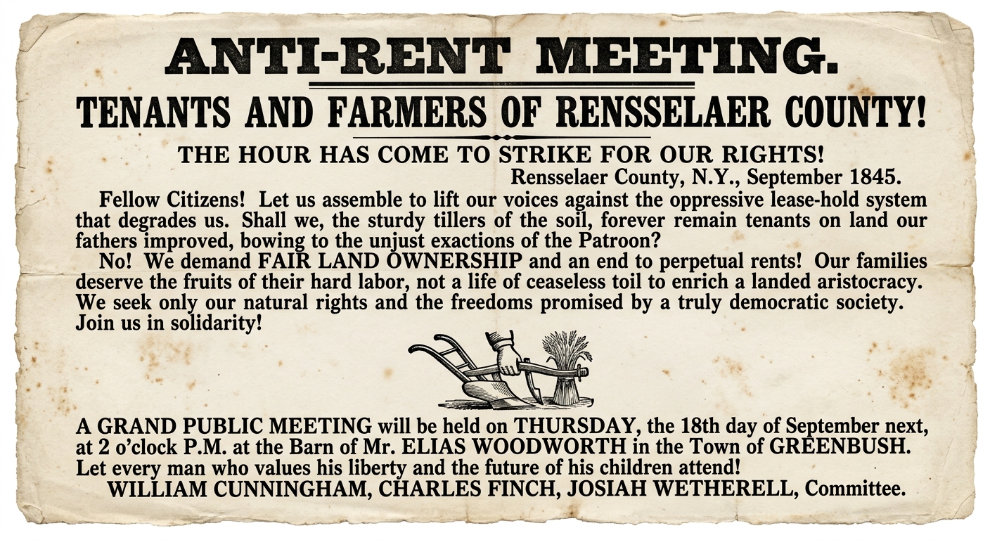 1845-style broadside titled “Anti-Rent Meeting,” dated “Rensselaer County, N.Y., 1845,” calling tenant farmers to organize against the patroon land lease system.
