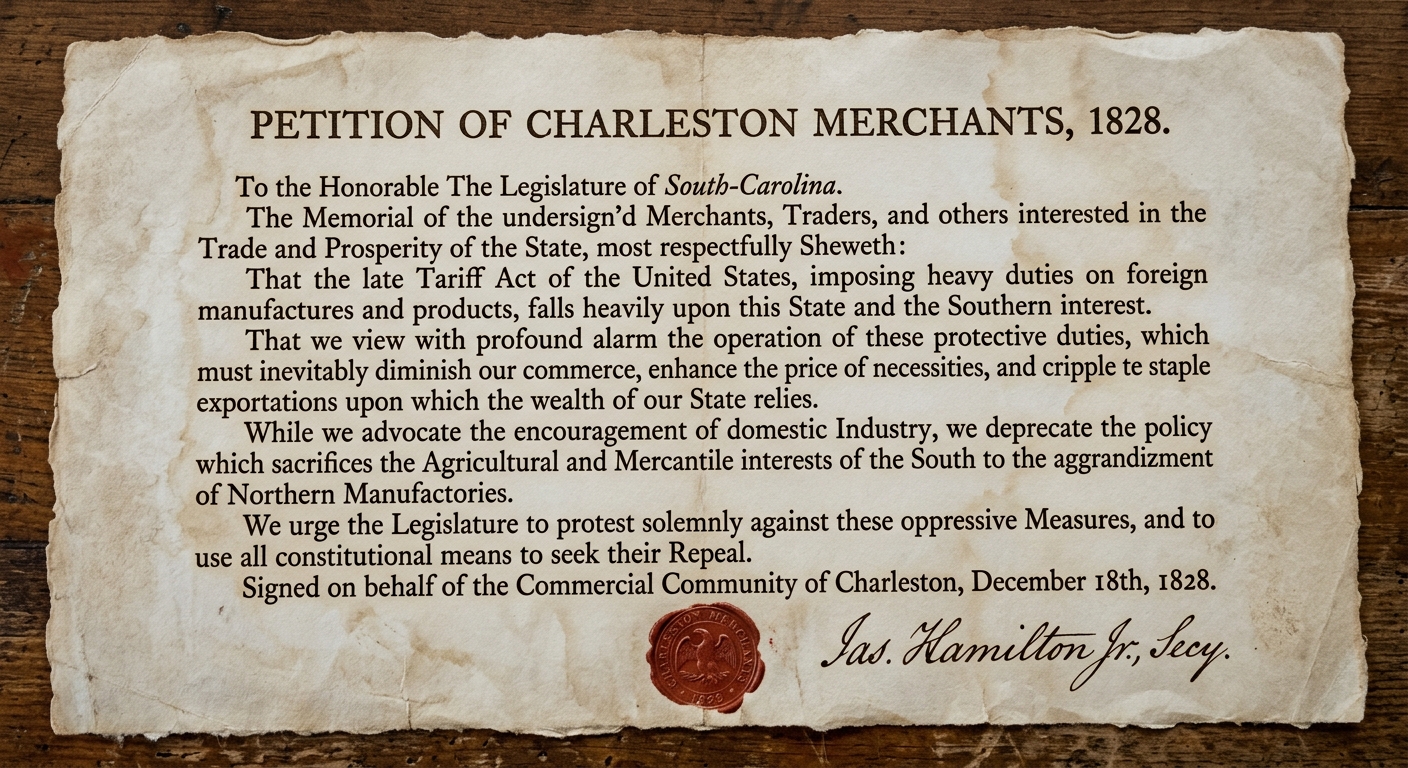 A facsimile of an 1828 petition titled “Petition of Charleston Merchants, 1828” discussing the tariff’s impact and urging a protest, on aged paper with an old serif typeface and a wax seal.