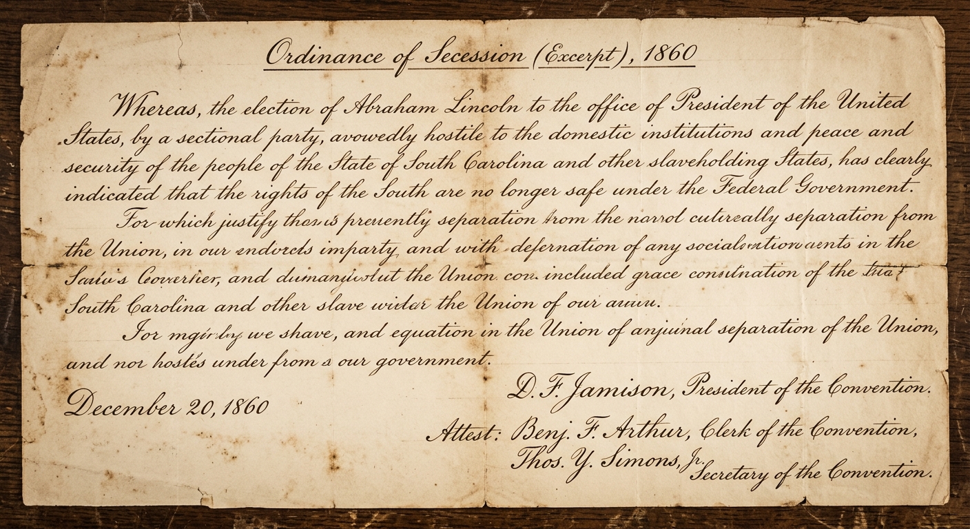 A facsimile of an 1860 secession document excerpt mentioning the election of Abraham Lincoln and justifying leaving the Union, on aged paper with a date and signatures.