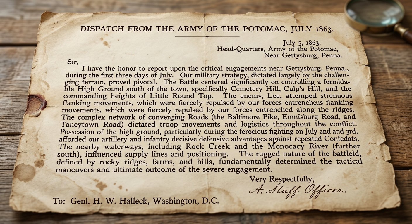 A facsimile of a July 1863 Civil War dispatch referencing Gettysburg and how terrain and roads affected troop movements, on aged paper with a date and signature line.