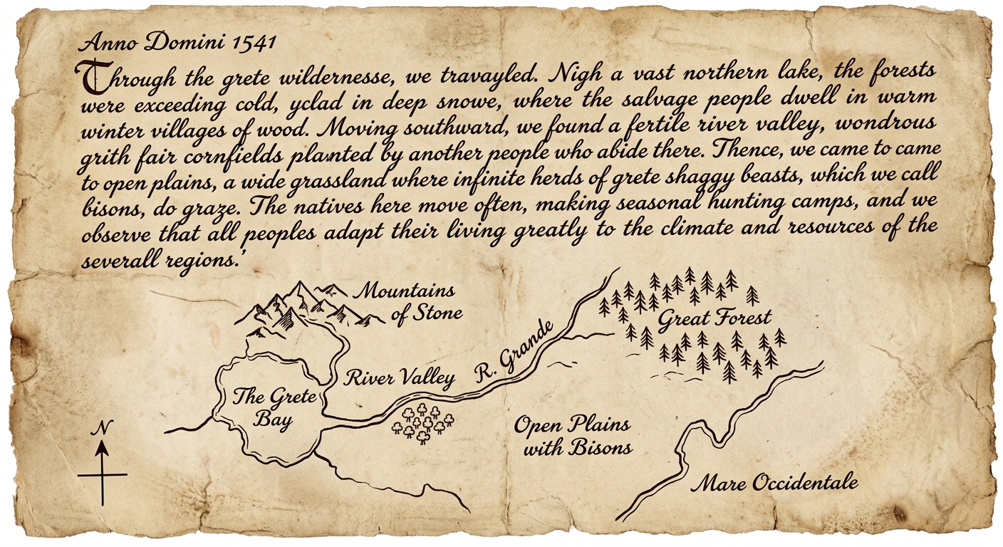null A parchment-style journal page dated 1541 with handwritten notes about different North American regions and a simple hand-drawn map showing a forest, river valley, and open plains.