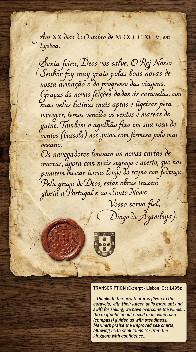 null Facsimile of a 1495 Lisbon letter on parchment mentioning improved ships, the magnetic compass, and sea charts, with a seal and a small transcription box.