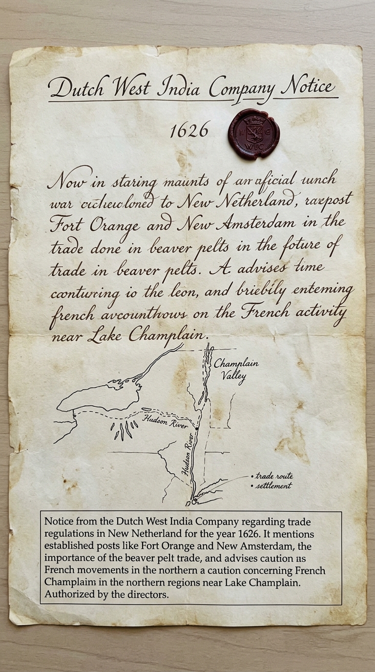 null Facsimile of a 1626 Dutch West India Company notice with a small map labeling the Hudson River and Champlain Valley, referencing trade and settlement, with a transcription box.
