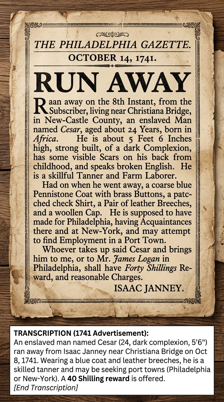 null Facsimile of a 1741 colonial newspaper runaway advertisement offering a reward and describing an enslaved person’s clothing and skills, with a small transcription box.