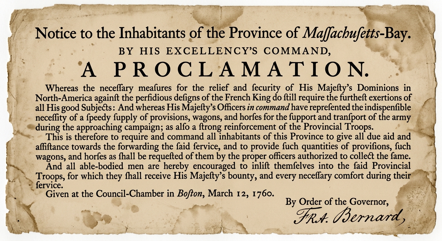 Sepia-toned 1760-style printed broadside titled “Notice to the Inhabitants of the Province of Massachusetts-Bay,” dated Boston, March 12, 1760, requesting colonial supplies and troop enlistment during the war with France, with an official signature line.
