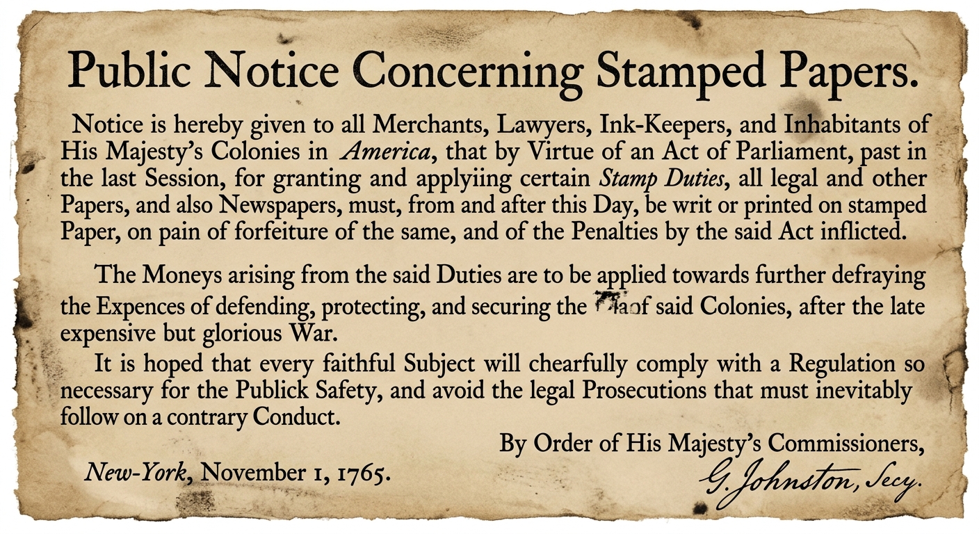 Sepia-toned 1765-style printed broadside titled “Public Notice Concerning Stamped Papers,” dated New-York, November 1, 1765, announcing enforcement of a stamp duty and penalties for noncompliance, with an official signature line.