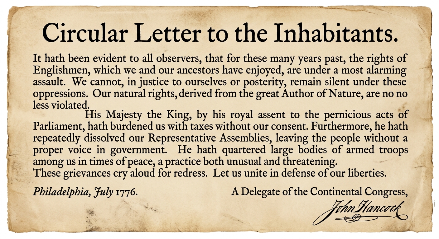 Sepia-toned 1776-style printed broadside excerpt titled “Circular Letter to the Inhabitants,” dated Philadelphia, July 1776, referencing natural rights and listing grievances against British policies such as taxes without consent and maintaining troops, with an official signature line.