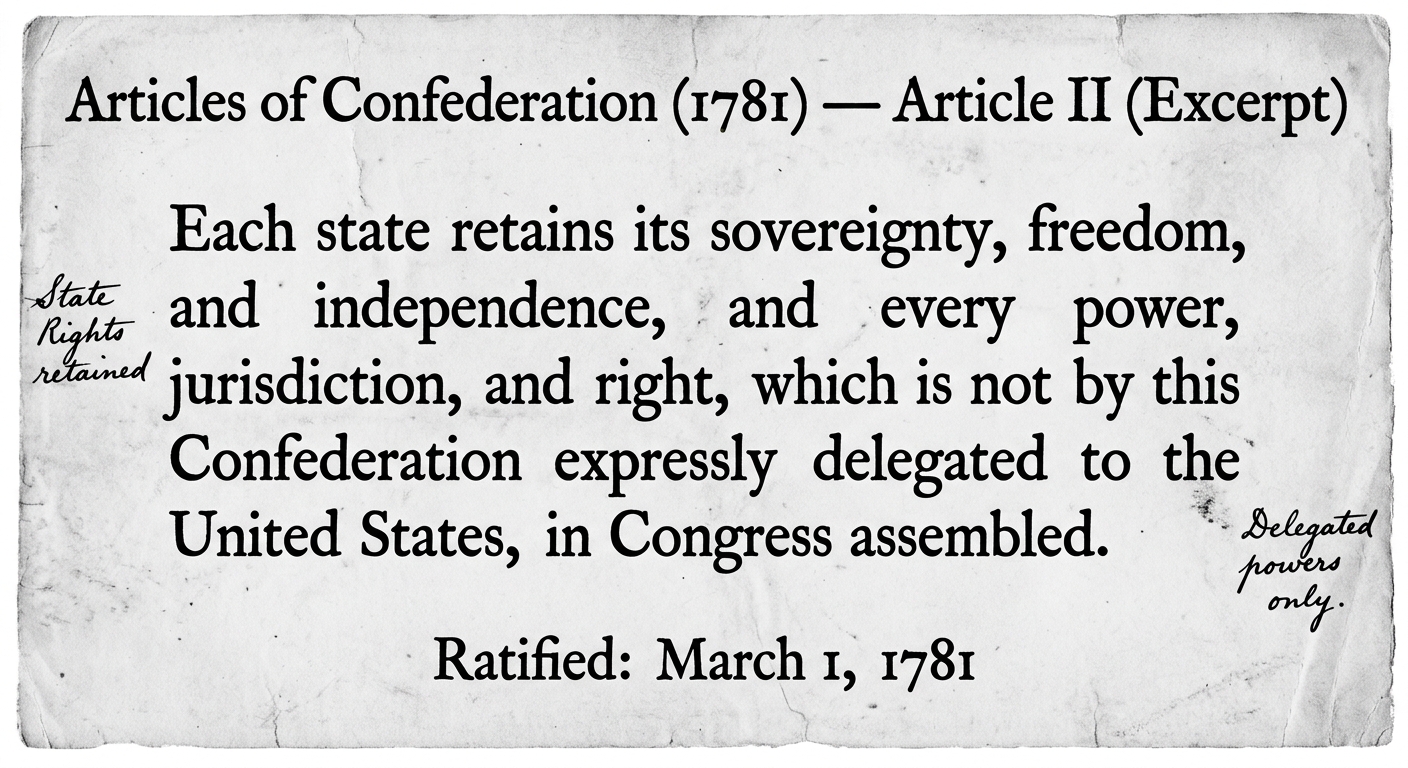 Black-and-white scanned-style excerpt labeled Articles of Confederation (1781), Article II, stating that each state retains sovereignty and any power not expressly delegated to Congress, with a ratification date line.
