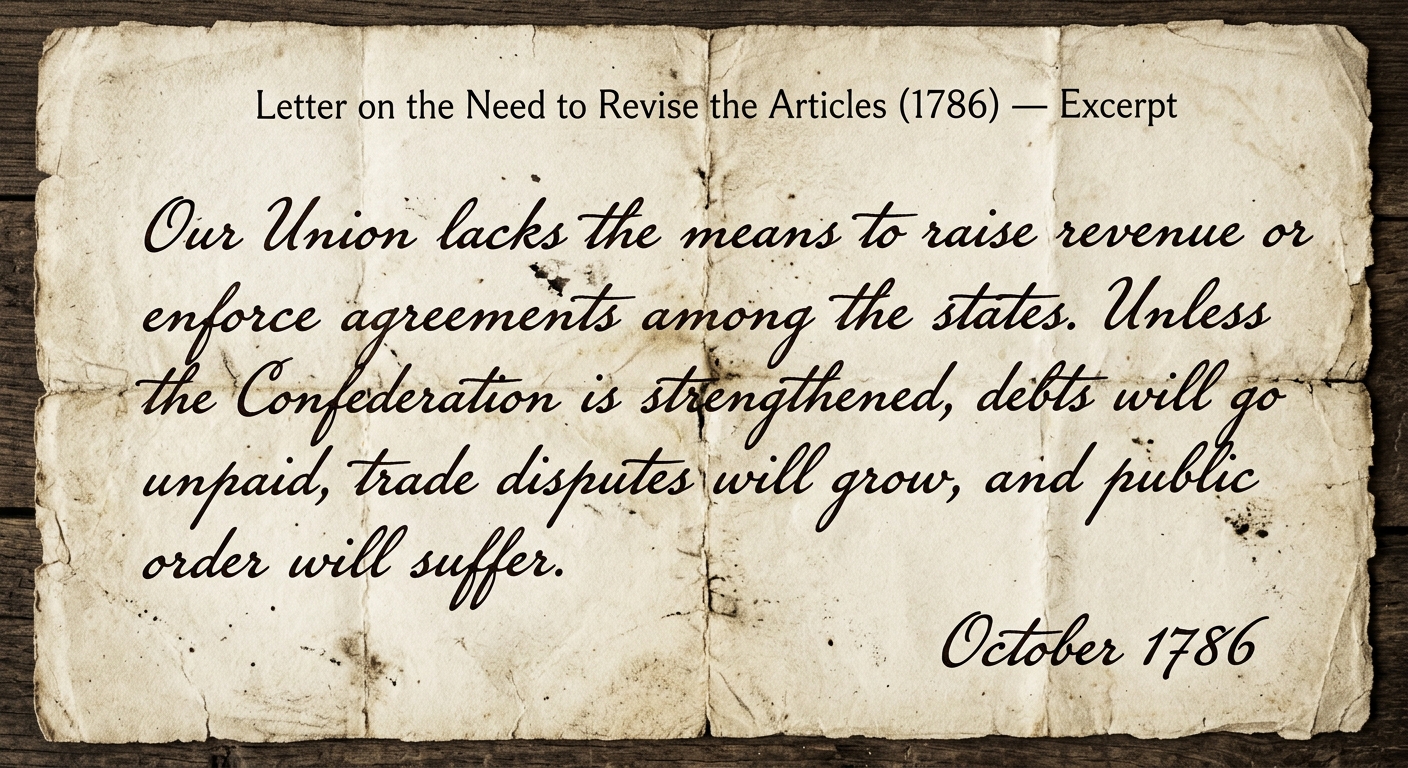 Scanned-style handwritten letter excerpt dated October 1786 arguing that the Union lacks power to raise revenue or enforce agreements and should strengthen the Confederation.