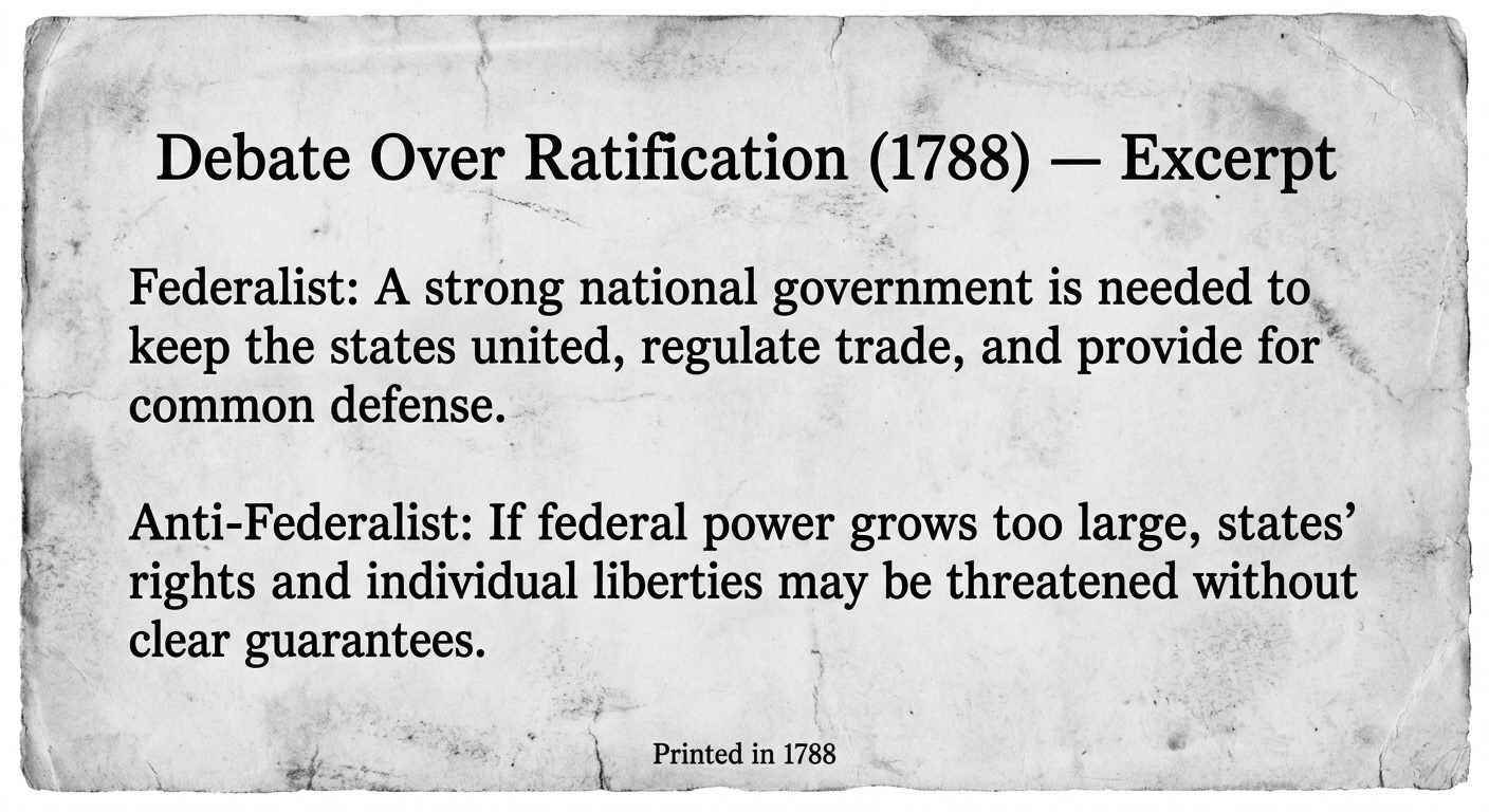 Scanned-style 1788 pamphlet excerpt showing a Federalist statement favoring stronger national power and an Anti-Federalist statement warning that federal power could threaten states’ rights and individual liberties.