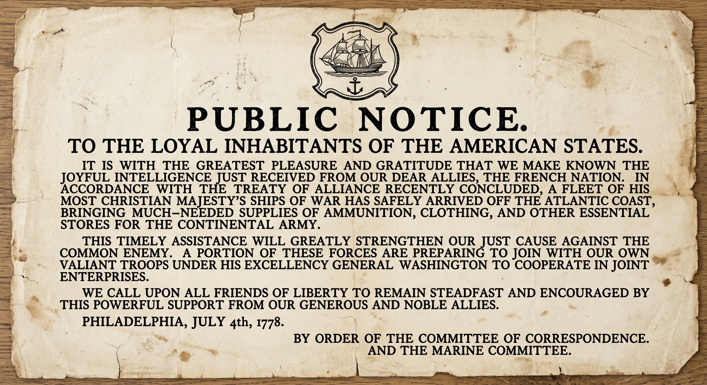 An aged 1778-style printed broadside announcing French ships and supplies will aid the American cause, with a small ship-and-anchor emblem and old-fashioned typography.