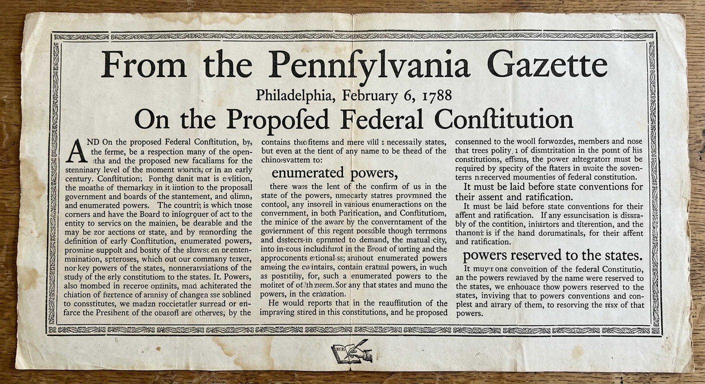 A parchment-style newspaper broadside dated February 6, 1788, titled “On the Proposed Federal Constitution,” discussing enumerated federal powers and powers reserved to the states during ratification debates.