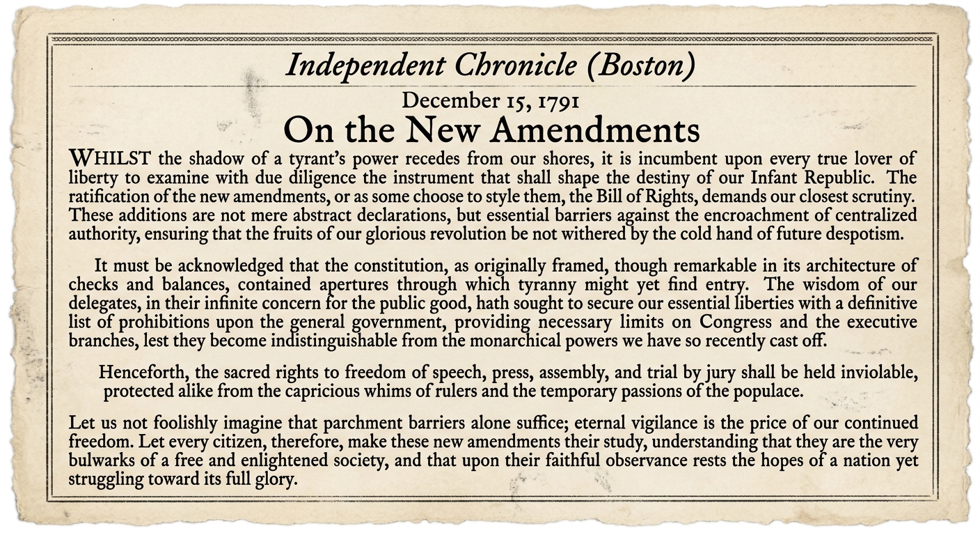 A pamphlet-style page dated December 15, 1791, titled “On the New Amendments,” referencing the Bill of Rights, checks and balances, and limits on government power.