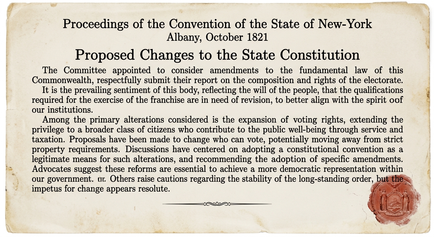 A printed excerpt dated October 1821 titled “Proposed Changes to the State Constitution,” describing planned reforms to make New York’s government more democratic through constitutional change.
