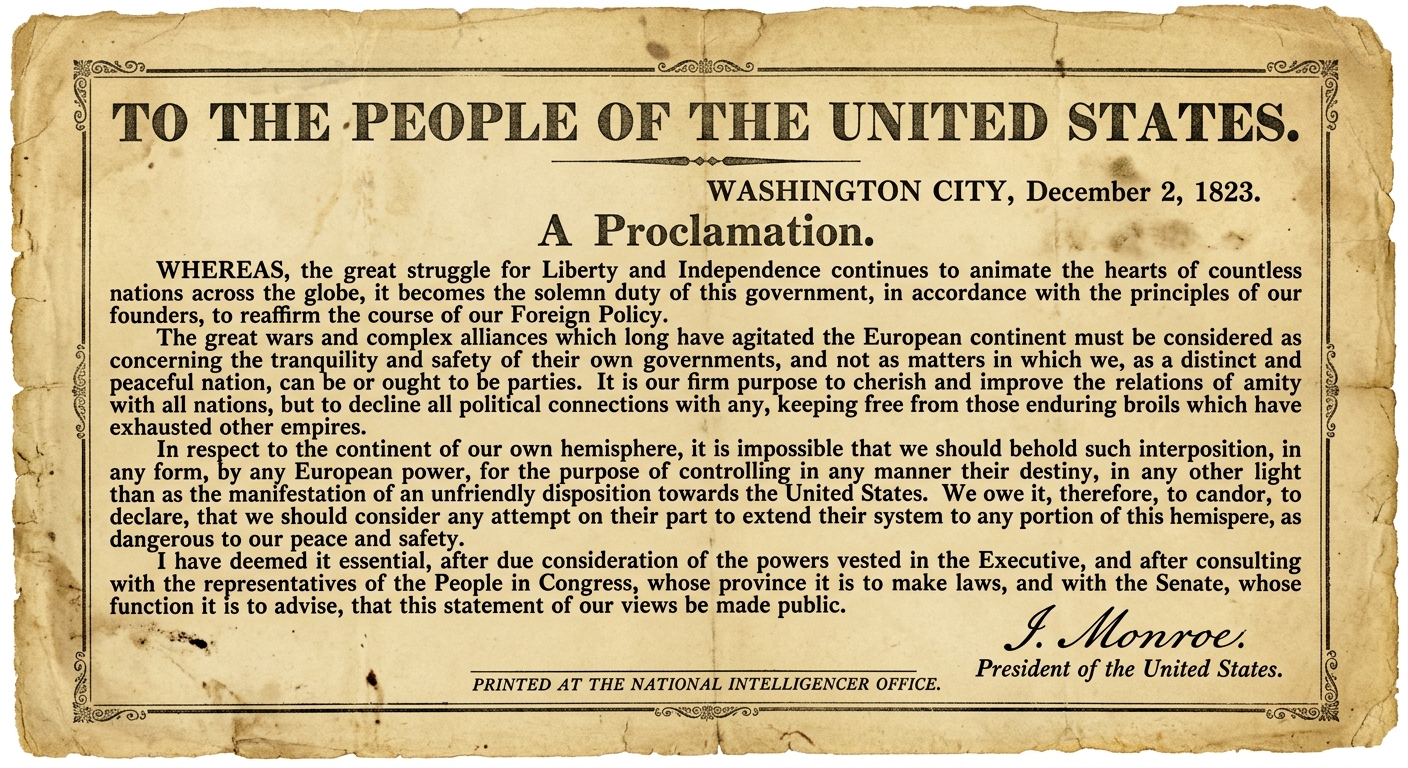 An aged-parchment broadside dated December 2, 1823, warning European powers against interfering in the Western Hemisphere and stating the United States will avoid European wars.