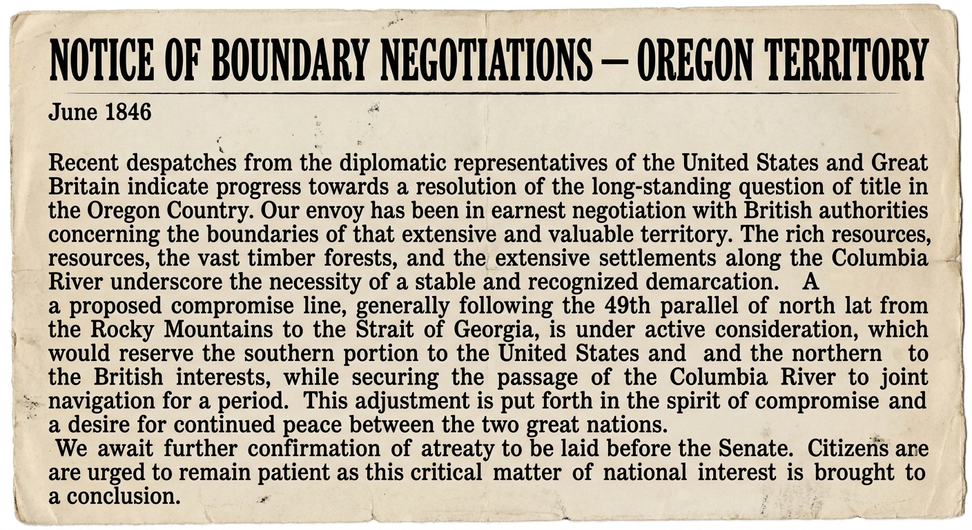 null Fictional 1846 printed notice about Oregon boundary negotiations between the United States and Great Britain.