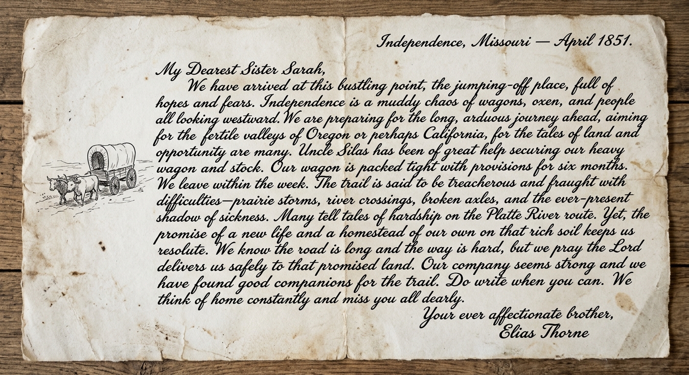 null Fictional 1851 handwritten letter from a westward migrant describing opportunities and hardships on the trail.