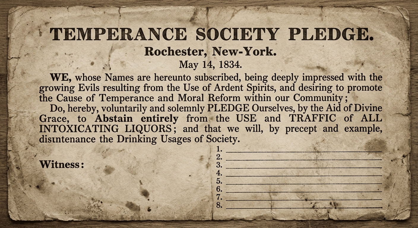Sepia broadside titled “Temperance Society Pledge,” dated May 14, 1834, Rochester, New York, with a short abstinence pledge and blank lines for signatures.