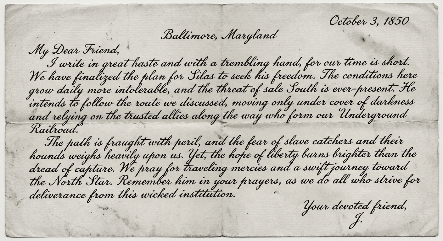 Grayscale facsimile of a handwritten letter dated October 3, 1850, describing an enslaved person’s plan to escape and resist slavery with help from allies.