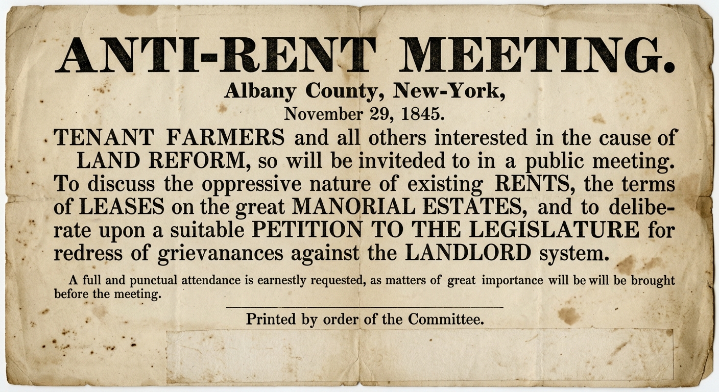 Sepia broadside titled “Anti-Rent Meeting,” dated November 29, 1845, inviting tenant farmers in New York to meet about rents and petitioning for change.