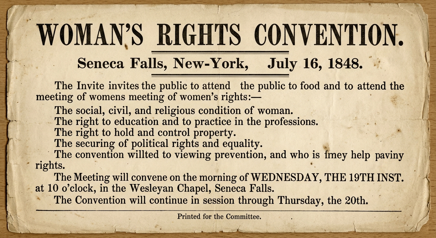 Sepia handbill titled “Woman’s Rights Convention,” dated July 16, 1848, Seneca Falls, New York, inviting the public to a meeting about women’s rights.
