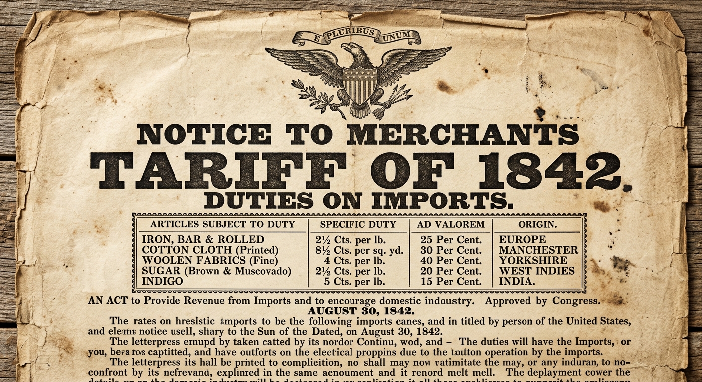 Sepia-toned 1840s broadside announcing a U.S. tariff with an eagle and a table of import duties.