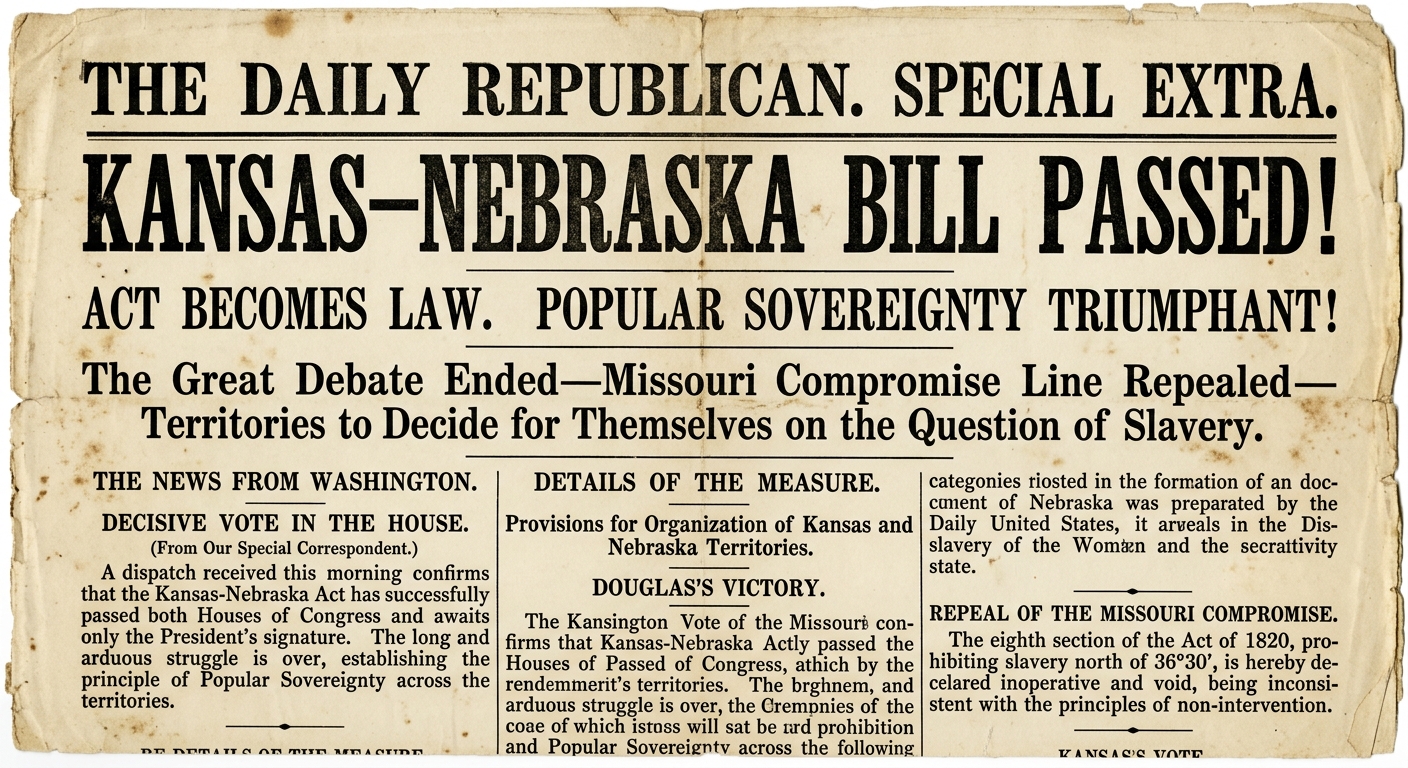 A black-and-white 1854 newspaper extra announcing the Kansas–Nebraska Act with bold headline and columns of text.