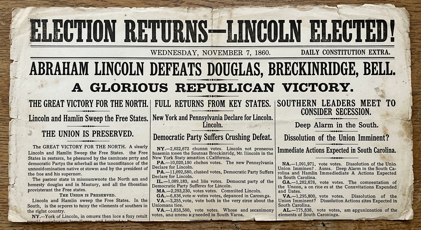 A black-and-white 1860 election broadside announcing Lincoln’s victory with period text columns.