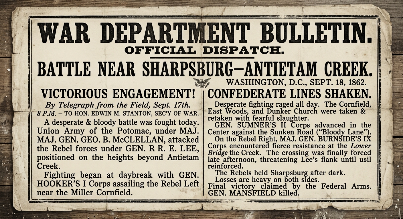 A Civil War–era War Department bulletin broadside reporting the 1862 Battle of Antietam near Antietam Creek.