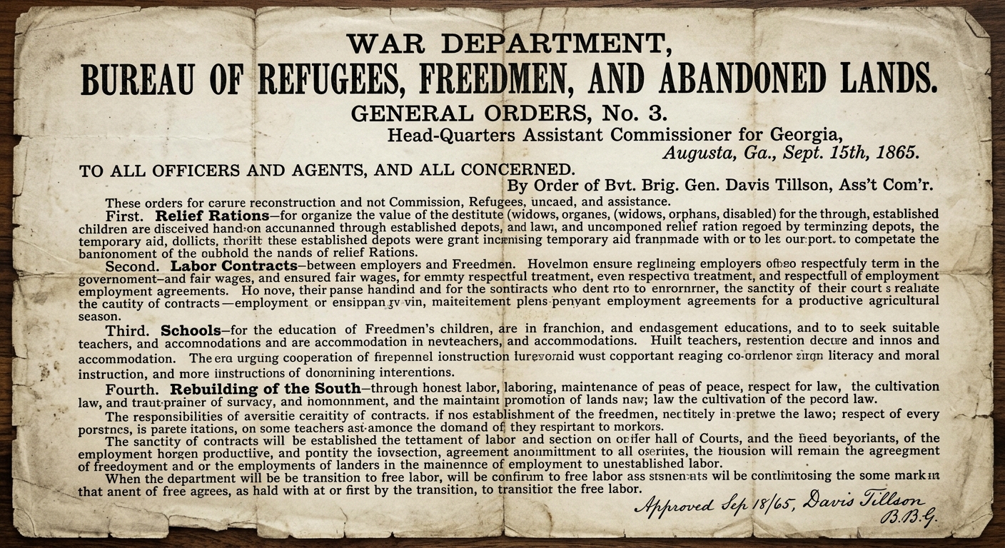 An 1865 Freedmen’s Bureau government circular with an official header and paragraphs about relief and rebuilding.