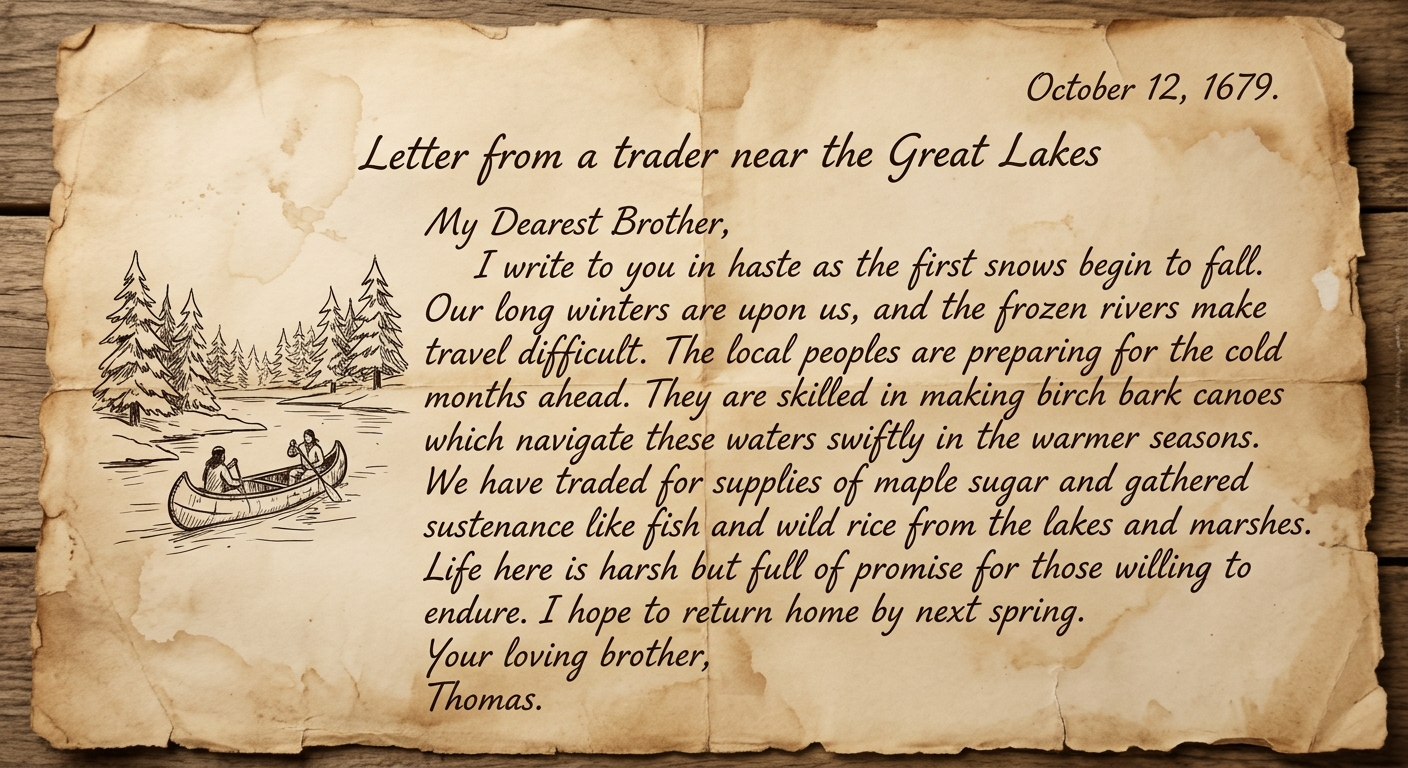 null A sepia-toned, aged letter dated October 12, 1679, describing long winters, frozen rivers, birch bark canoes, and foods like fish, wild rice, and maple sugar, with a small sketch of a canoe and snowy trees.