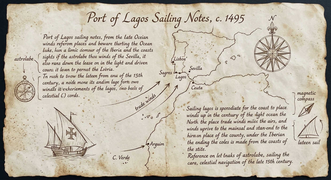null Parchment-style facsimile titled 'Port of Lagos Sailing Notes, c. 1495' showing a simple Atlantic map, a compass rose, a small caravel sketch, and handwritten notes about trade winds, an astrolabe, and a magnetic compass.