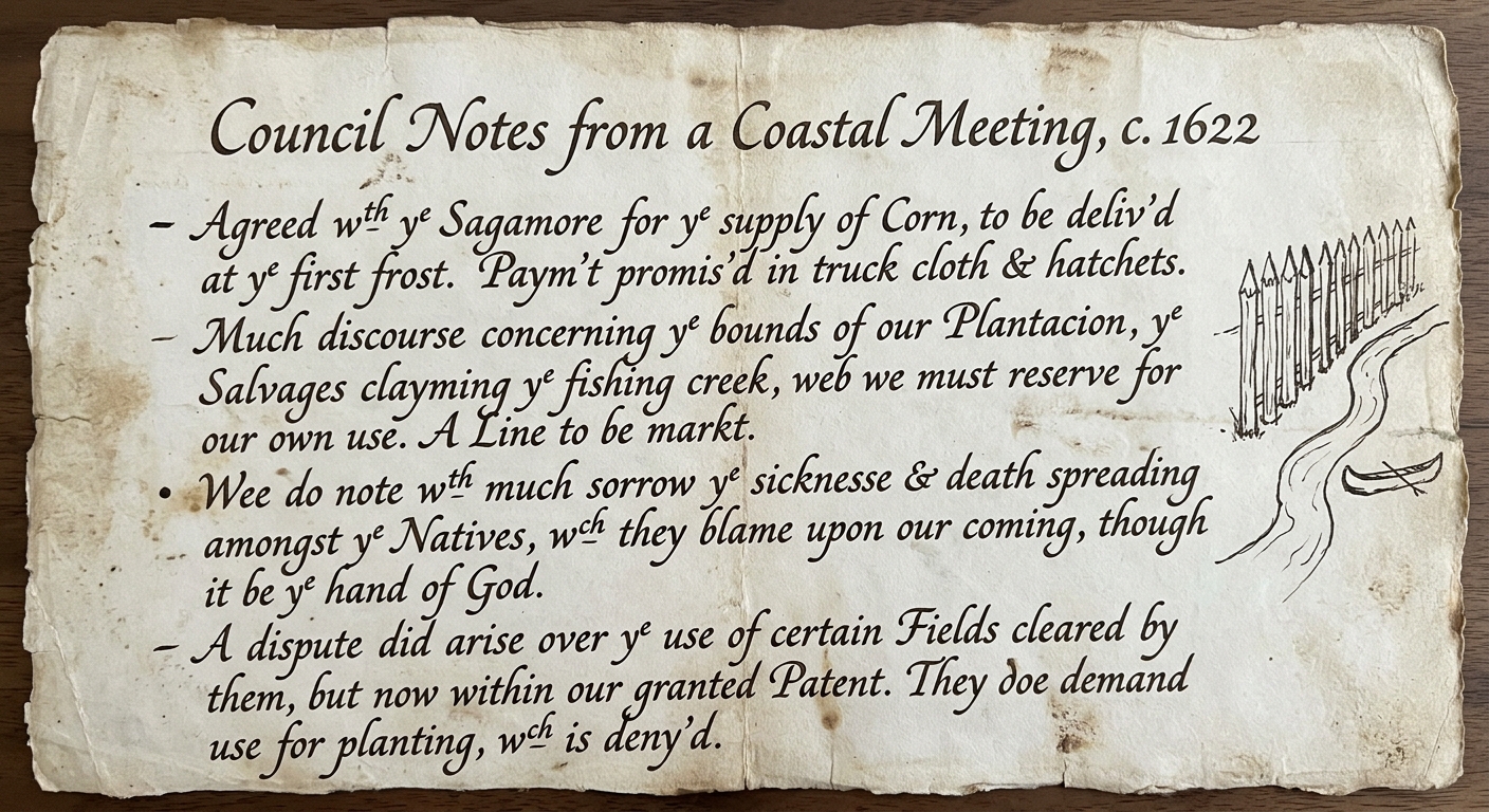 null Parchment-style facsimile titled 'Council Notes from a Coastal Meeting, c. 1622' with handwritten notes about trade, land boundaries, illness spreading, and a dispute over fields, plus a small sketch of a fence and a river.